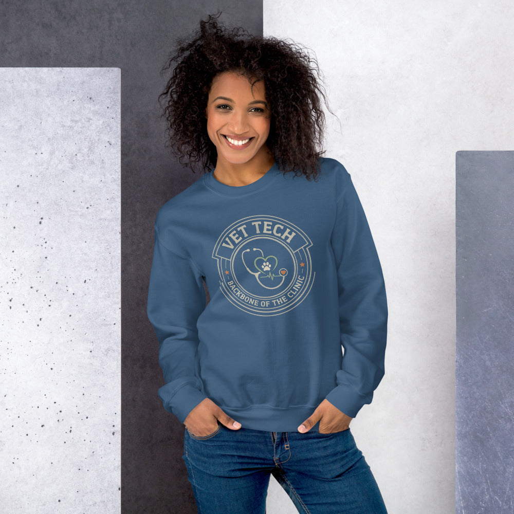 Vet Tech Crest retro veterinary technician crewneck sweatshirt — Indigo Blue, on model