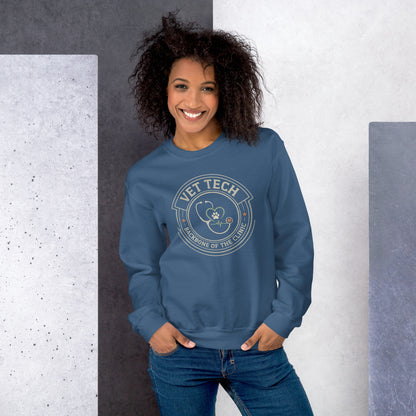 Vet Tech Crest retro veterinary technician crewneck sweatshirt — Indigo Blue, on model