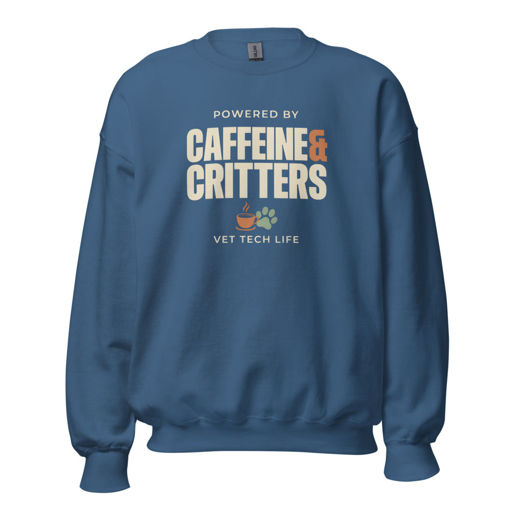 Powered by Caffeine & Critters funny vet tech crewneck sweatshirt — Indigo Blue, front