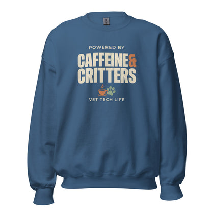 Powered by Caffeine & Critters funny vet tech crewneck sweatshirt — Indigo Blue, front