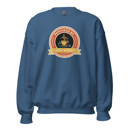 Powered by Coffee & Chaos retro nurse badge crewneck sweatshirt — Indigo Blue, front