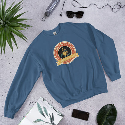 Powered by Coffee & Chaos retro nurse badge crewneck sweatshirt — Indigo Blue, front-right
