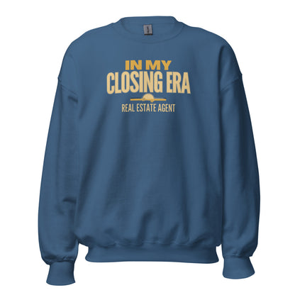 In My Closing Era real estate agent crewneck sweatshirt — Indigo Blue, front