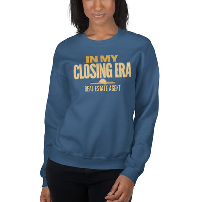 In My Closing Era real estate agent crewneck sweatshirt — Indigo Blue, on model