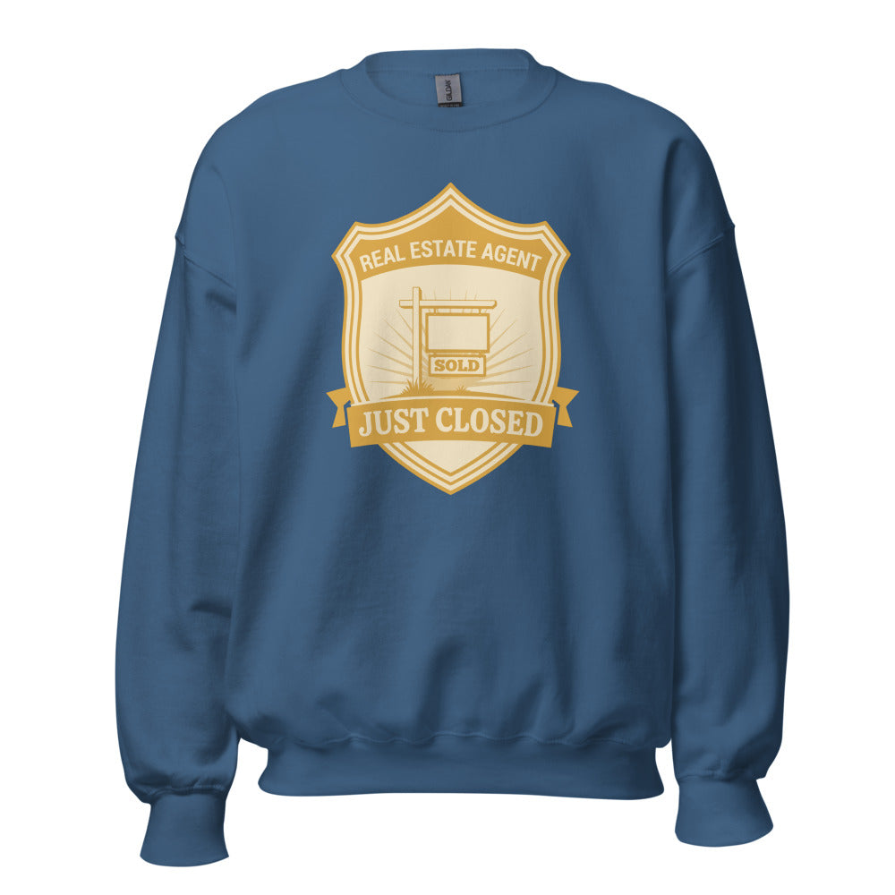Just Closed real estate agent crewneck sweatshirt — Indigo Blue, front