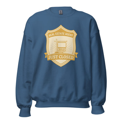 Just Closed real estate agent crewneck sweatshirt — Indigo Blue, front