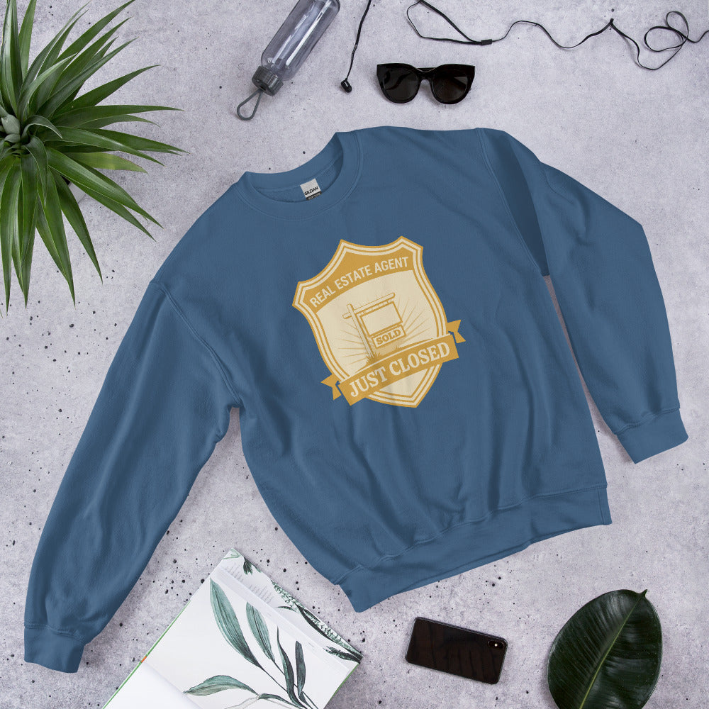 Just Closed real estate agent crewneck sweatshirt — Indigo Blue, front-right