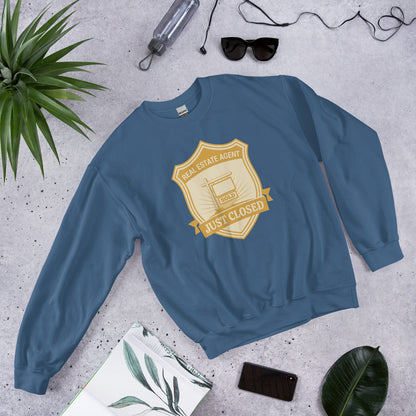 Just Closed real estate agent crewneck sweatshirt — Indigo Blue, front-right