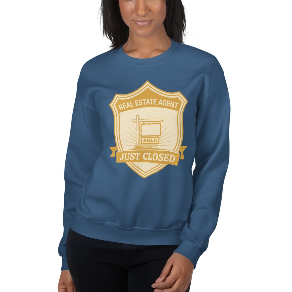 Just Closed real estate agent crewneck sweatshirt — Indigo Blue, on model