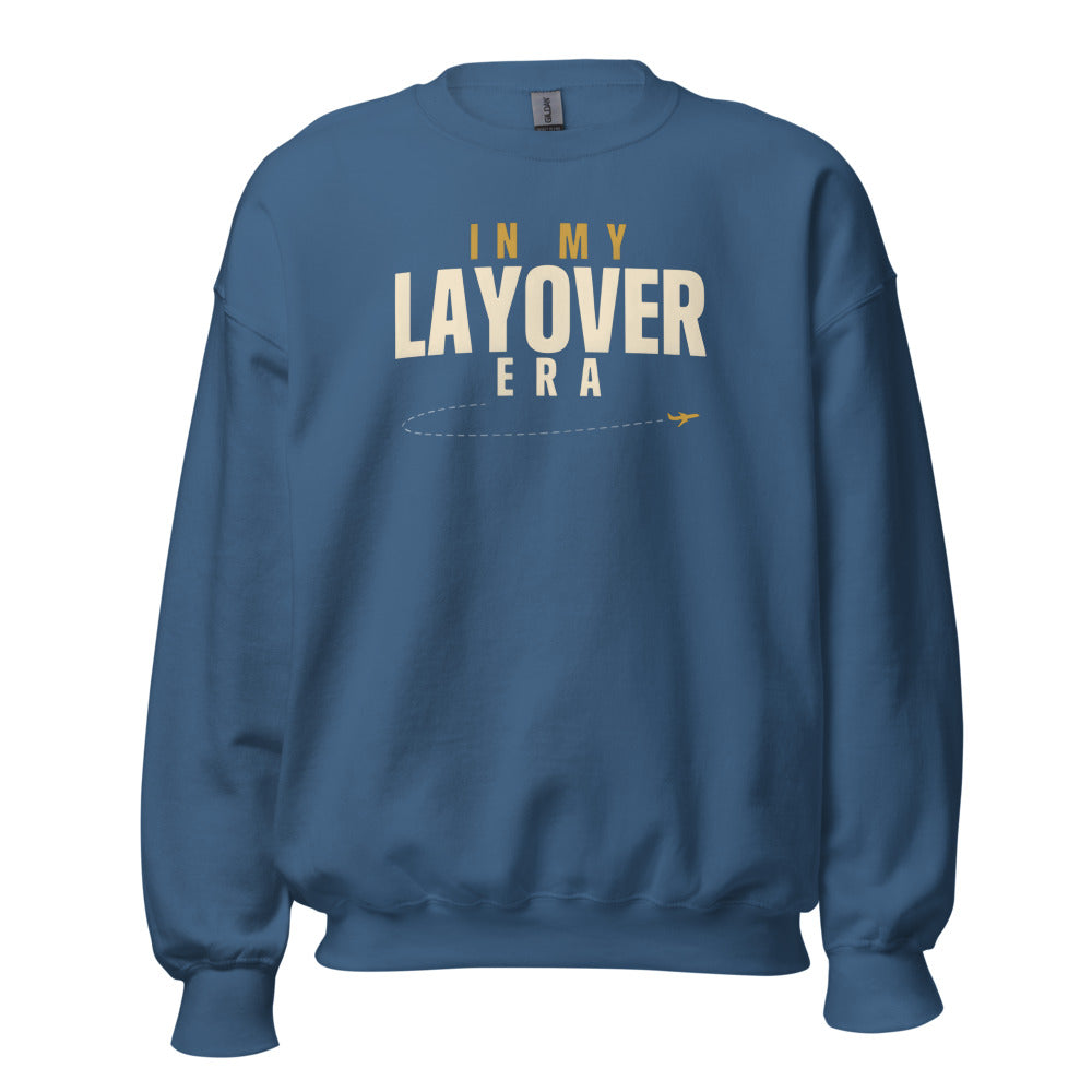 In My Layover Era flight attendant crewneck sweatshirt — Indigo Blue, front