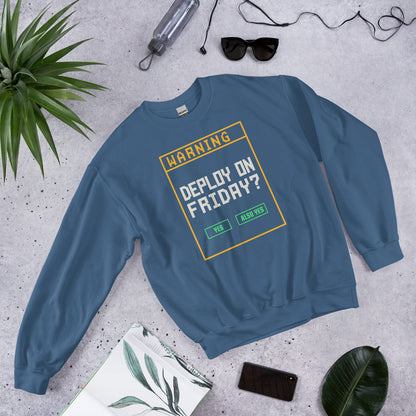 Deploy On Friday programmer crewneck — Indigo Blue, front-right