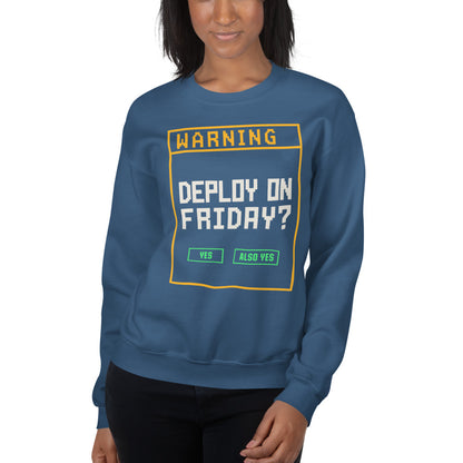 Deploy On Friday programmer crewneck — Indigo Blue, on model