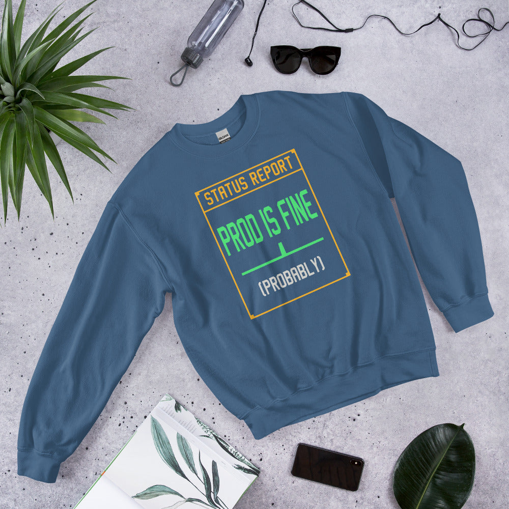 Prod Is Fine programmer crewneck — Indigo Blue, front-right