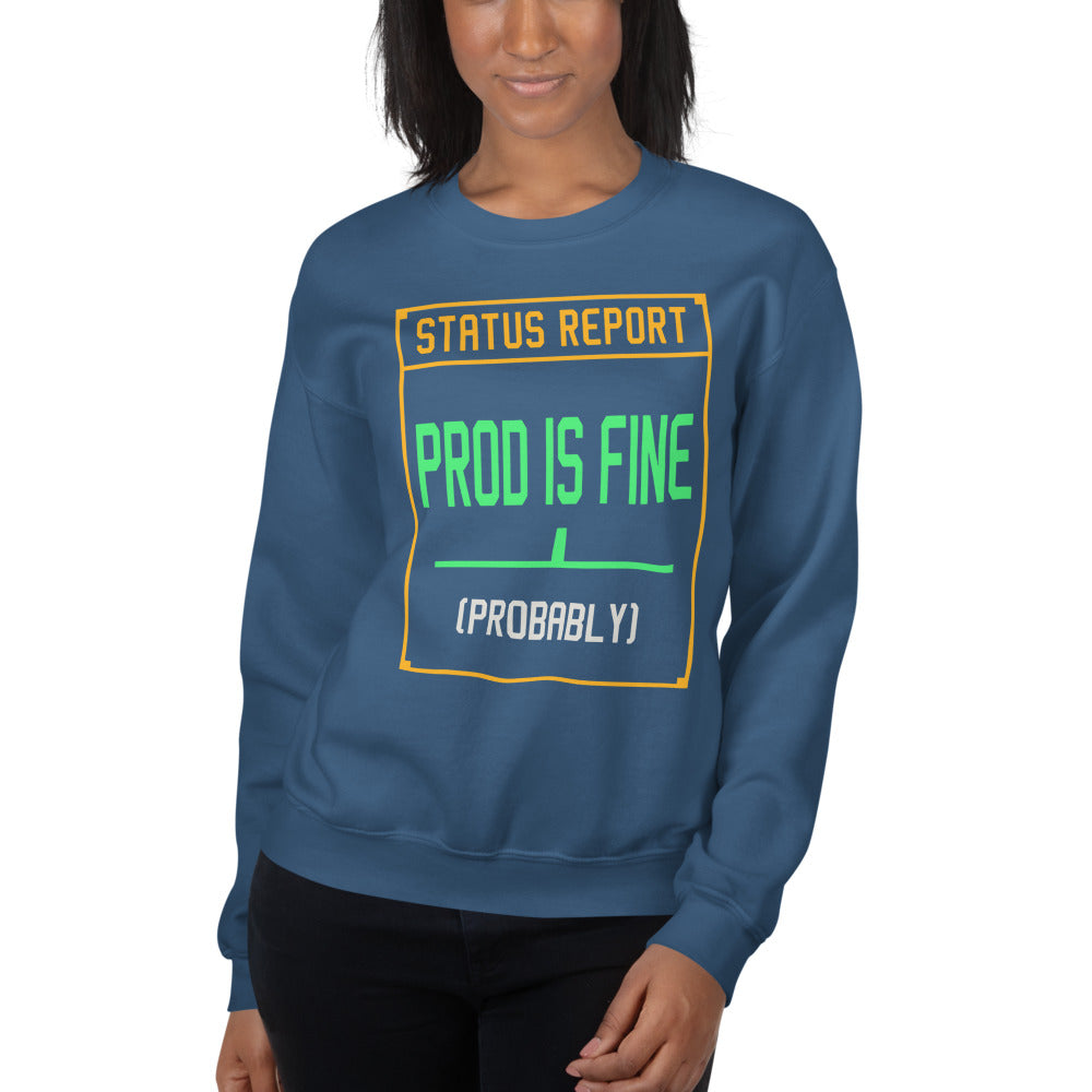 Prod Is Fine programmer crewneck — Indigo Blue, on model