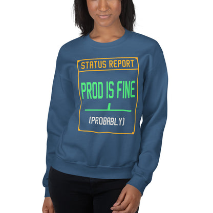 Prod Is Fine programmer crewneck — Indigo Blue, on model