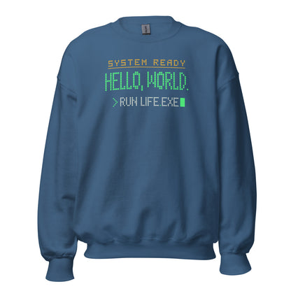 Hello World retro boot screen programmer crewneck sweatshirt — Indigo Blue, front
