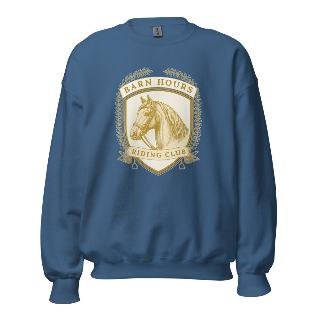 Barn Hours Riding Club vintage equestrian stable crest crewneck sweatshirt — Indigo Blue, front