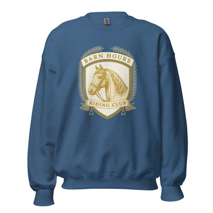 Barn Hours Riding Club vintage equestrian stable crest crewneck sweatshirt — Indigo Blue, front