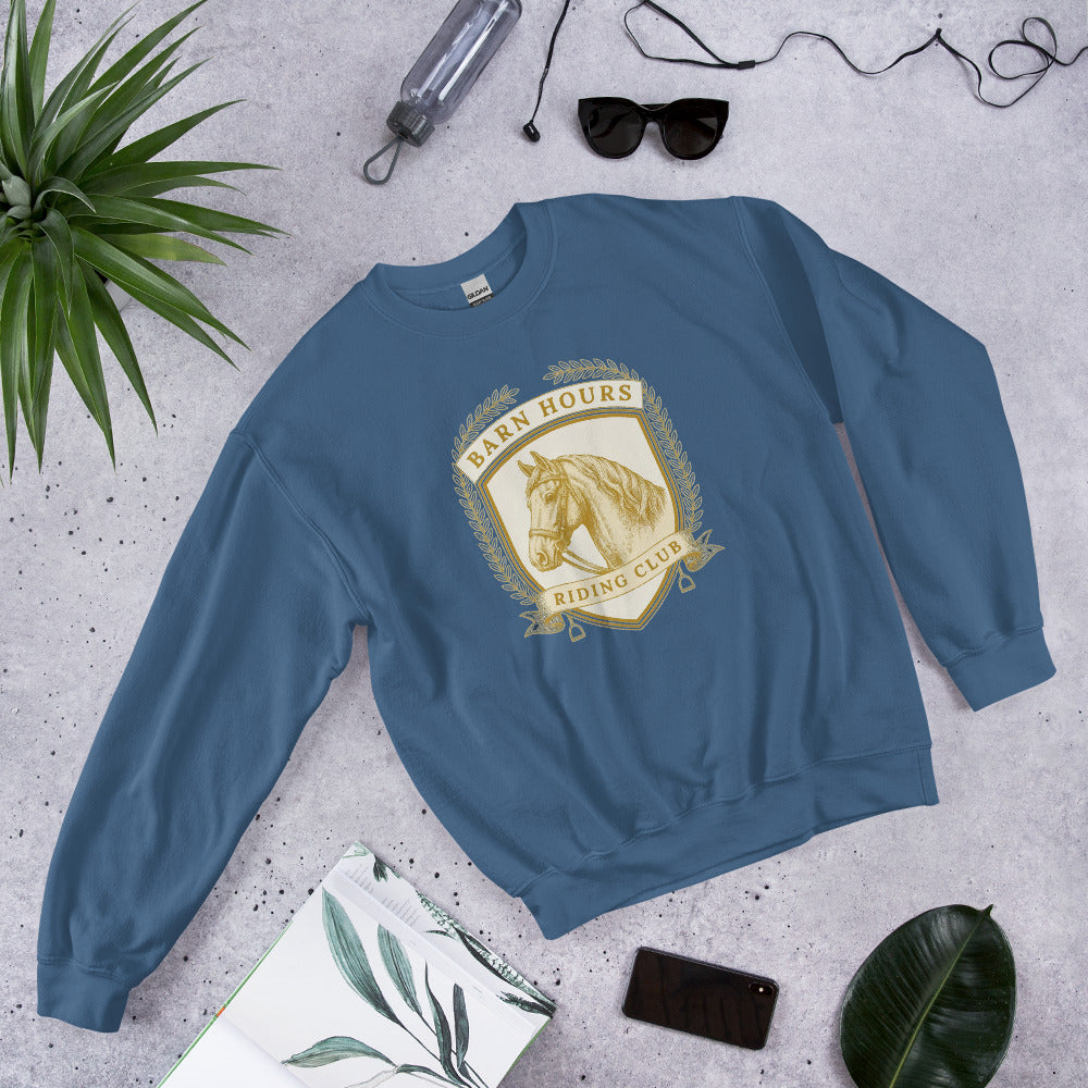 Barn Hours Riding Club vintage equestrian stable crest crewneck sweatshirt — Indigo Blue, front-right