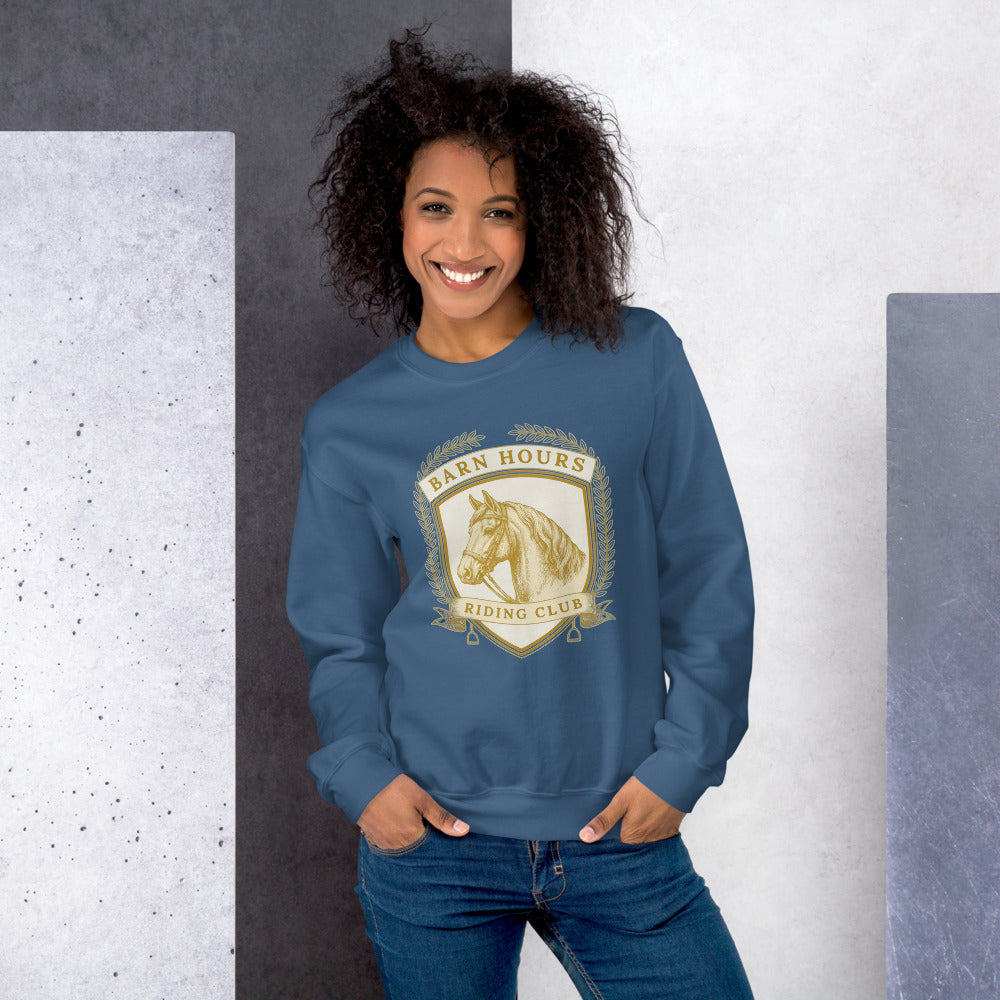 Barn Hours Riding Club vintage equestrian stable crest crewneck sweatshirt — Indigo Blue, on model
