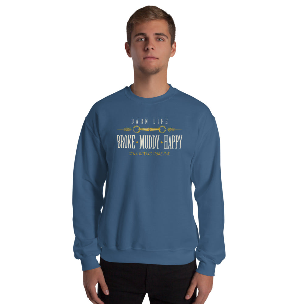 Broke Muddy Happy funny barn life equestrian crewneck sweatshirt — Indigo Blue, on model