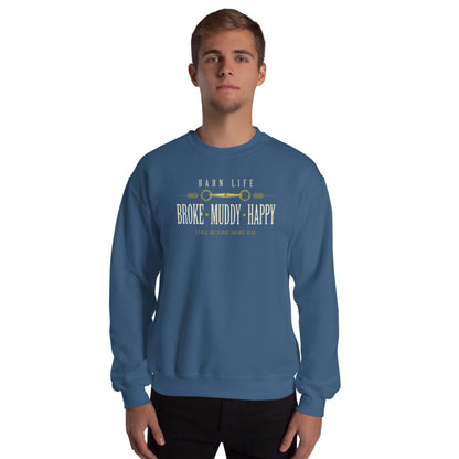 Broke Muddy Happy funny barn life equestrian crewneck sweatshirt — Indigo Blue, on model