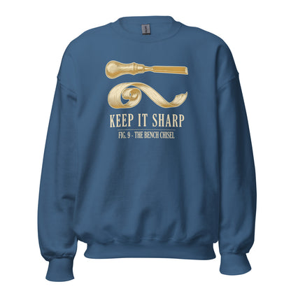Keep It Sharp woodworking crewneck sweatshirt — Indigo Blue, front