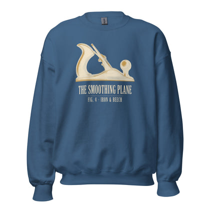 Fig. 4 The Smoothing Plane woodworking crewneck sweatshirt — Indigo Blue, front