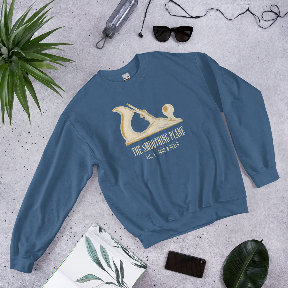 Fig. 4 The Smoothing Plane woodworking crewneck sweatshirt — Indigo Blue, front-right