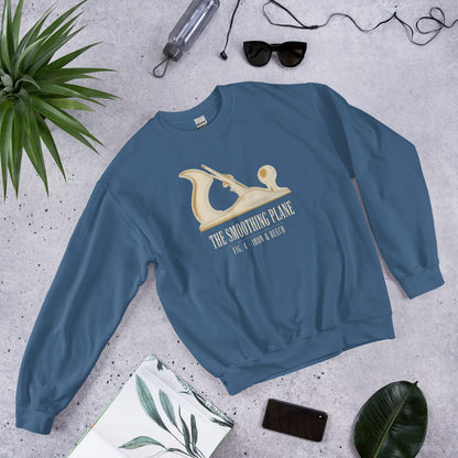 Fig. 4 The Smoothing Plane woodworking crewneck sweatshirt — Indigo Blue, front-right