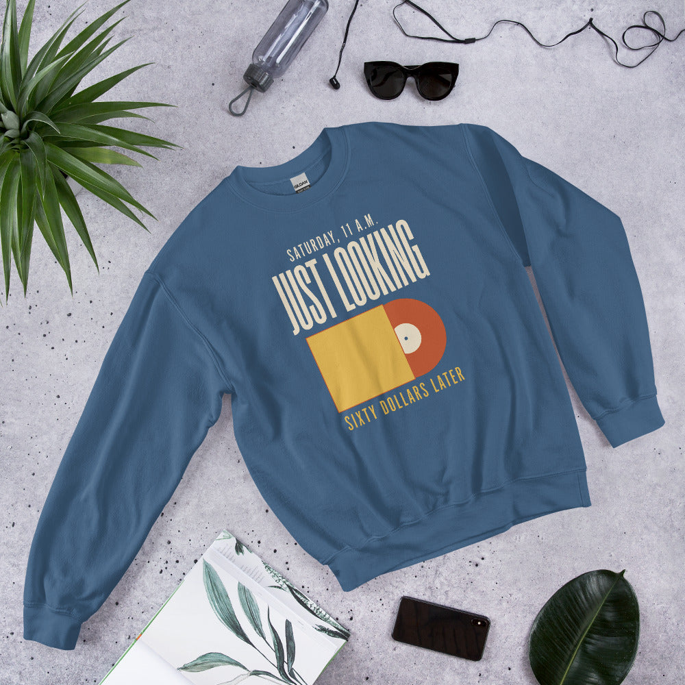 Just Looking Sixty Dollars Later vinyl record crewneck sweatshirt — Indigo Blue, front-right