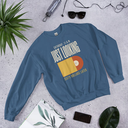 Just Looking Sixty Dollars Later vinyl record crewneck sweatshirt — Indigo Blue, front-right