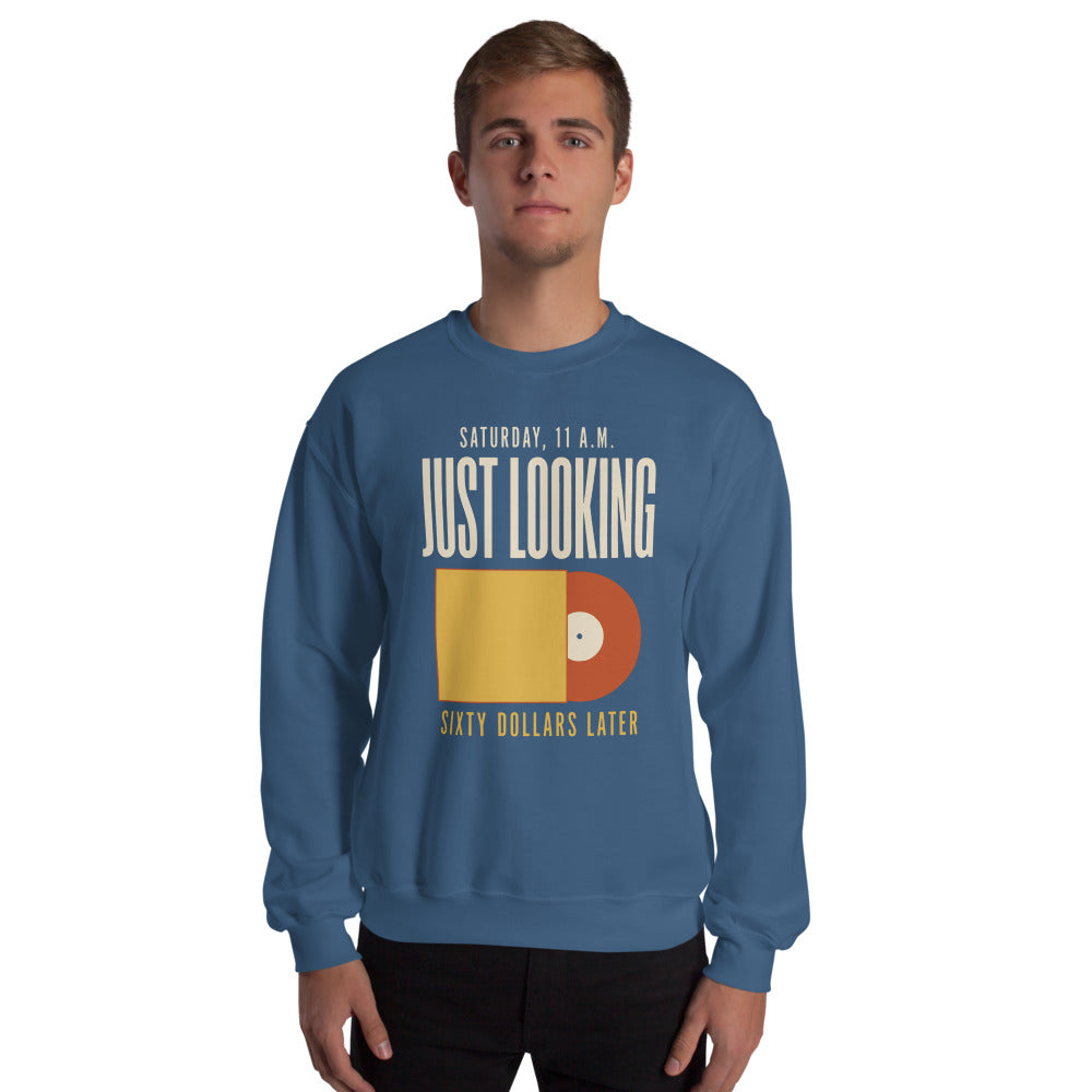 Just Looking Sixty Dollars Later vinyl record crewneck sweatshirt — Indigo Blue, on model