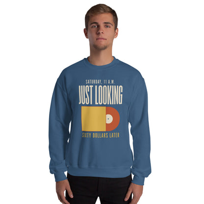 Just Looking Sixty Dollars Later vinyl record crewneck sweatshirt — Indigo Blue, on model