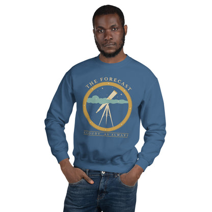 The Forecast Cloudy As Always funny astronomy crewneck sweatshirt — Indigo Blue, on model