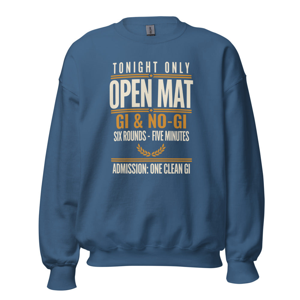 Open Mat Tonight Brazilian jiu jitsu crewneck sweatshirt — Indigo Blue, front
