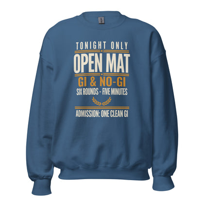 Open Mat Tonight Brazilian jiu jitsu crewneck sweatshirt — Indigo Blue, front
