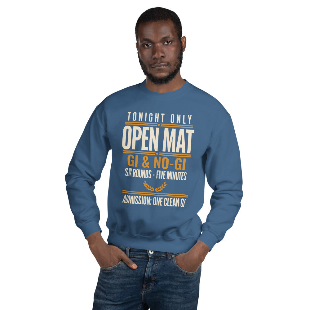 Open Mat Tonight Brazilian jiu jitsu crewneck sweatshirt — Indigo Blue, on model