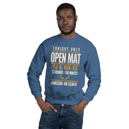 Open Mat Tonight Brazilian jiu jitsu crewneck sweatshirt — Indigo Blue, on model