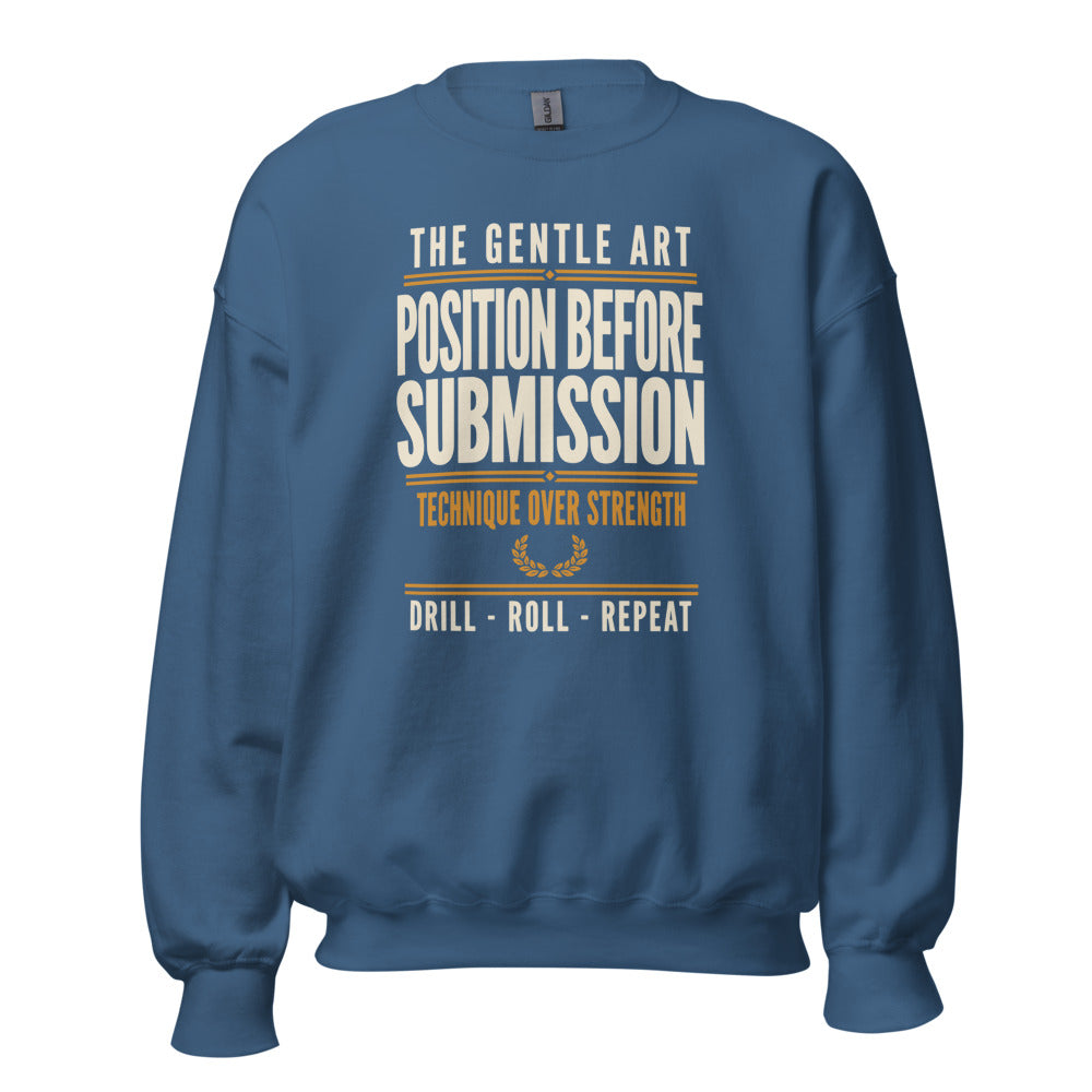 Position Before Submission Brazilian jiu jitsu sweatshirt — Indigo Blue, front