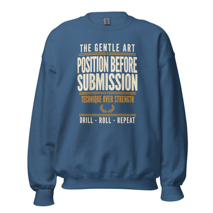 Position Before Submission Brazilian jiu jitsu sweatshirt — Indigo Blue, front