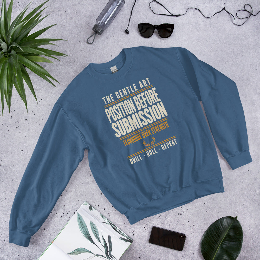 Position Before Submission Brazilian jiu jitsu sweatshirt — Indigo Blue, front-right