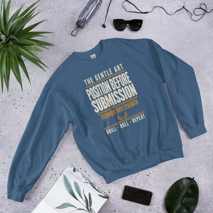 Position Before Submission Brazilian jiu jitsu sweatshirt — Indigo Blue, front-right