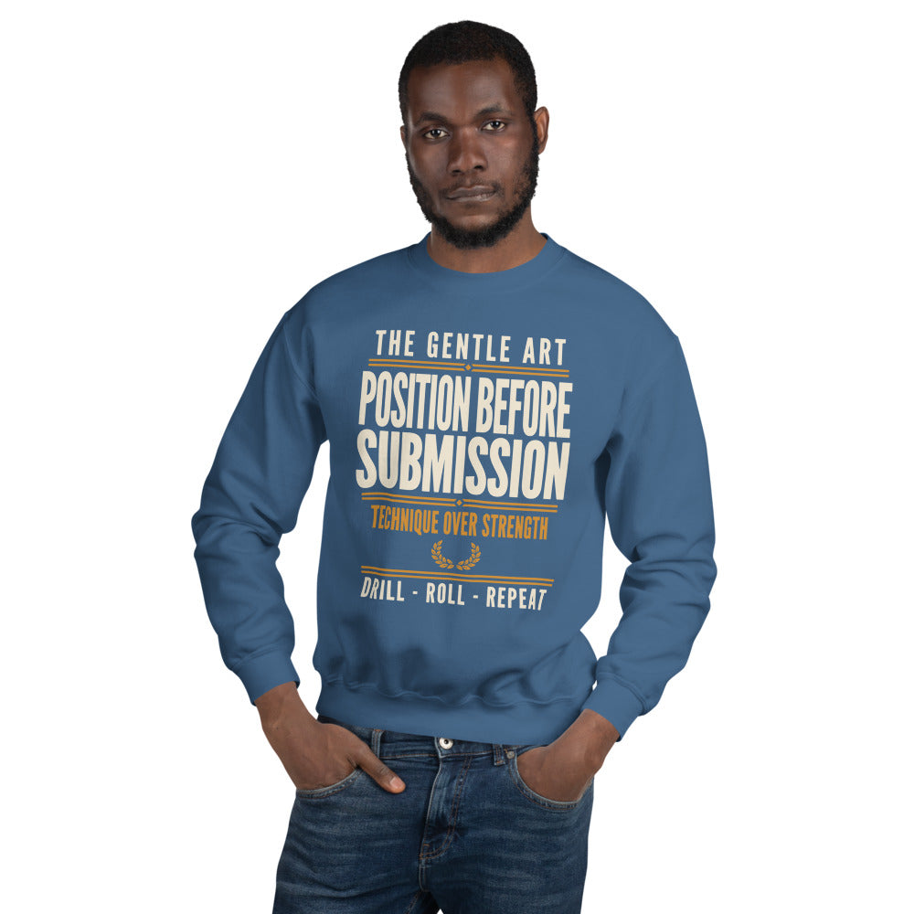 Position Before Submission Brazilian jiu jitsu sweatshirt — Indigo Blue, on model