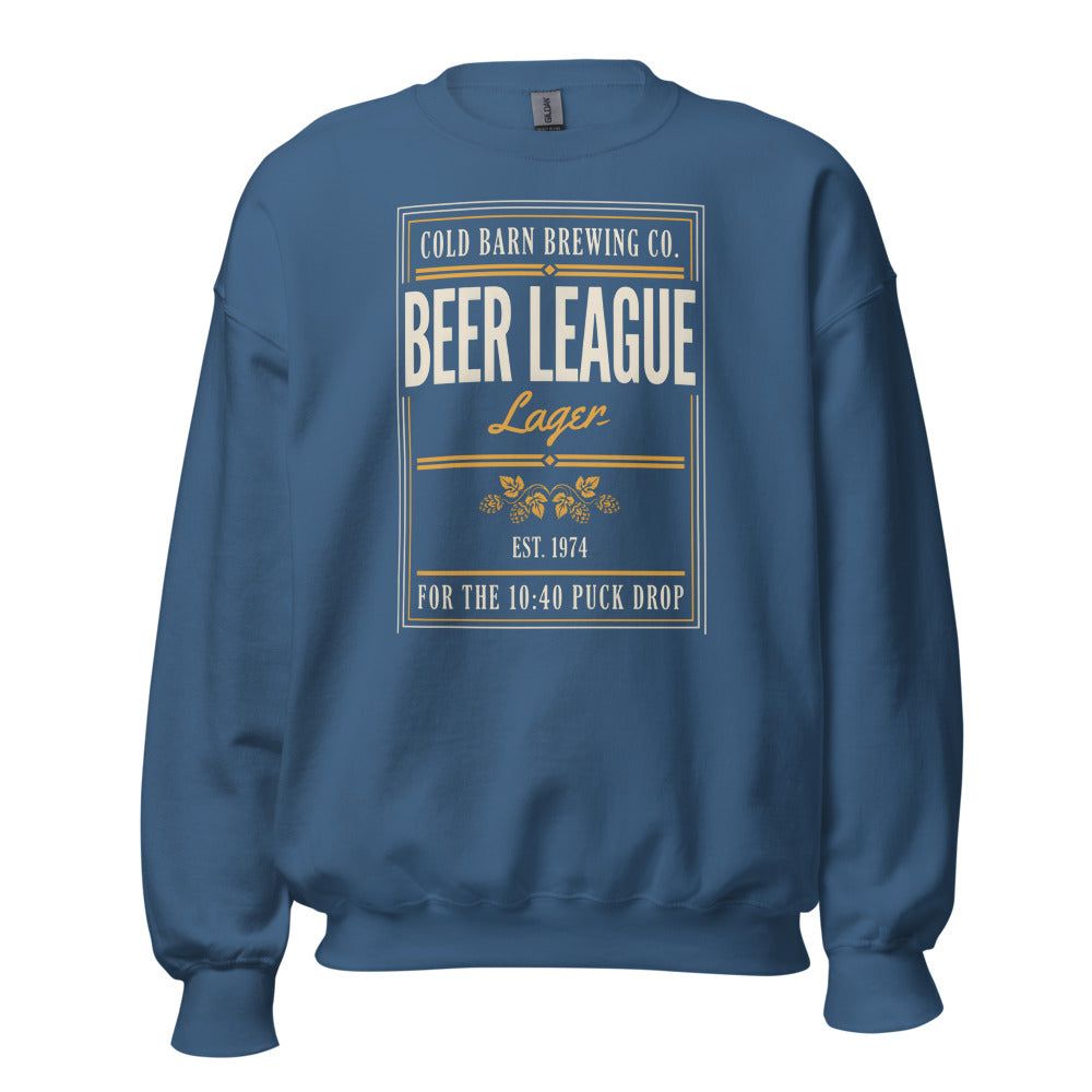 Beer League Cold Barn Brewing lager crewneck sweatshirt — Indigo Blue, front