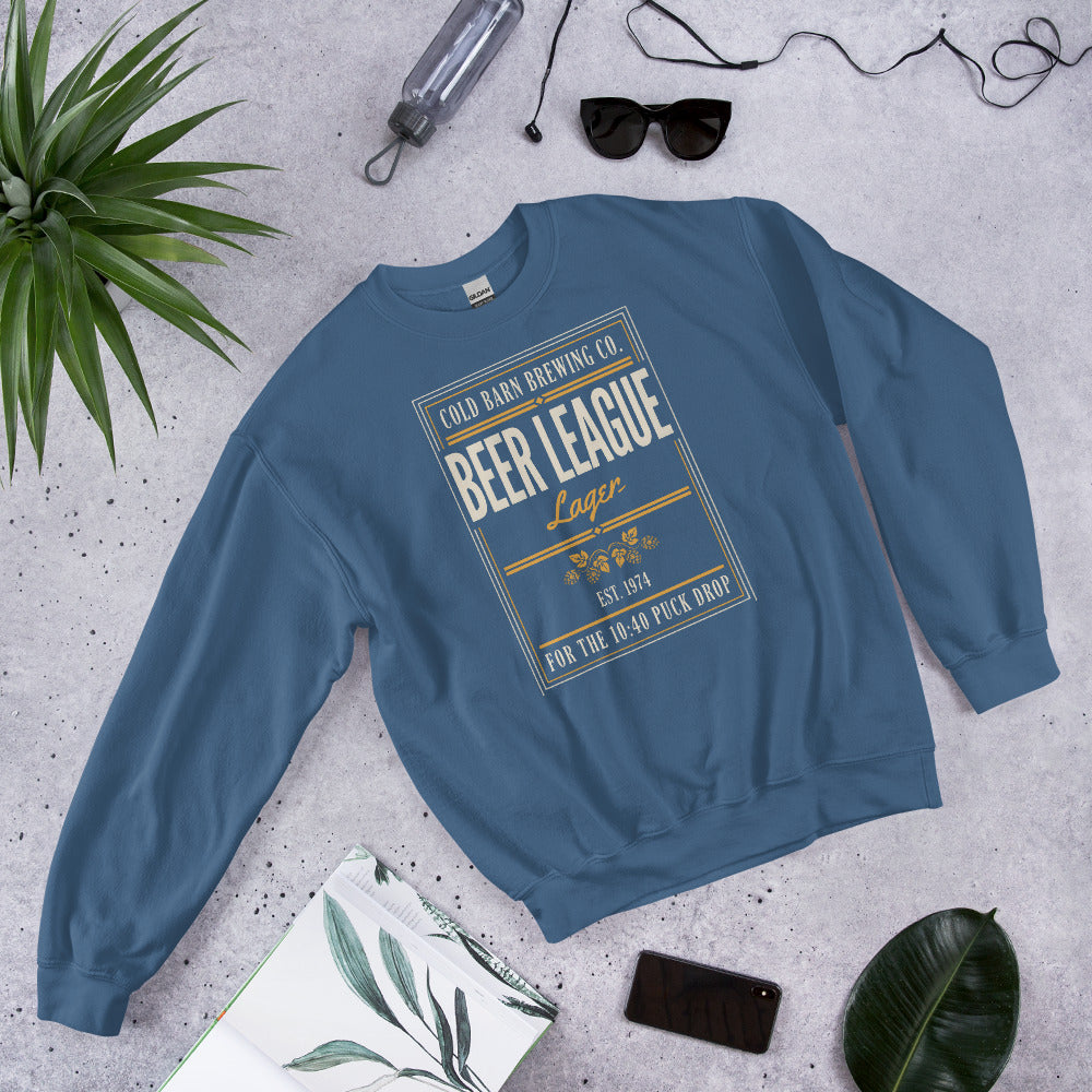 Beer League Cold Barn Brewing lager crewneck sweatshirt — Indigo Blue, front-right