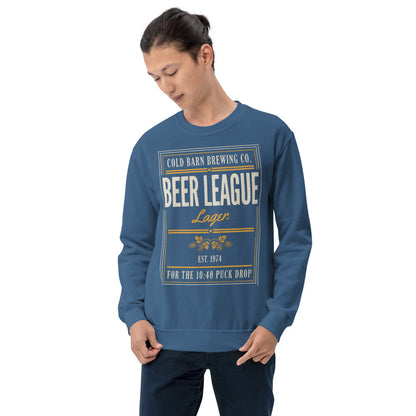 Beer League Cold Barn Brewing lager crewneck sweatshirt — Indigo Blue, on model