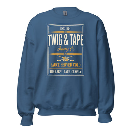 Twig and Tape Brewing Co. beer league hockey crewneck sweatshirt — Indigo Blue, front