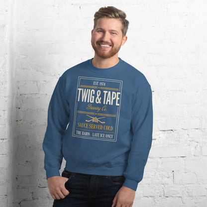 Twig and Tape Brewing Co. beer league hockey crewneck sweatshirt — Indigo Blue, on model