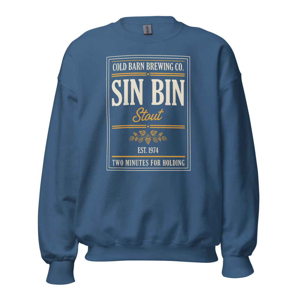 Beer League Sin Bin Stout brewery label crewneck sweatshirt — Indigo Blue, front